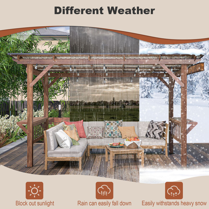 13' x 6.5' Wooden Pergola Grill Gazebo with Metal Roof & Bulbs & Bar Counters image number 5
