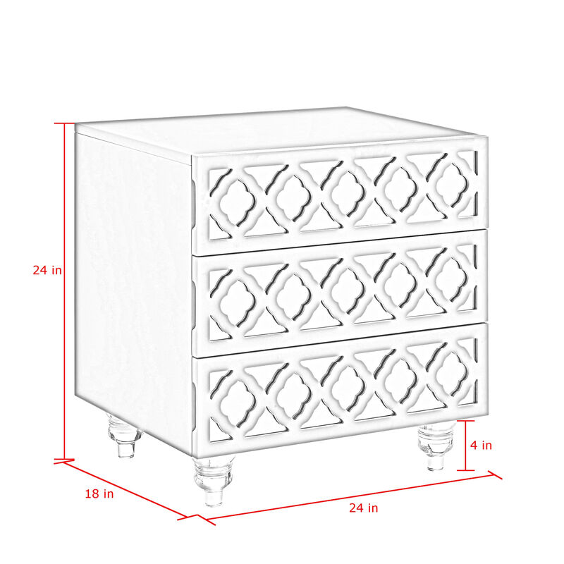 HomeRoots 24" Light Gray And Mirrored Glass Wood Cutwork End Table With Three Drawers image number 6