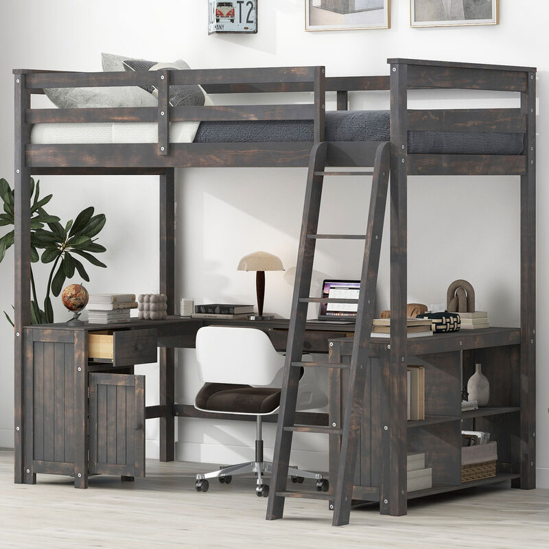 Whisen Elegant Design Full Size Loft Bed with Desk, Drawers and Storage Shelves