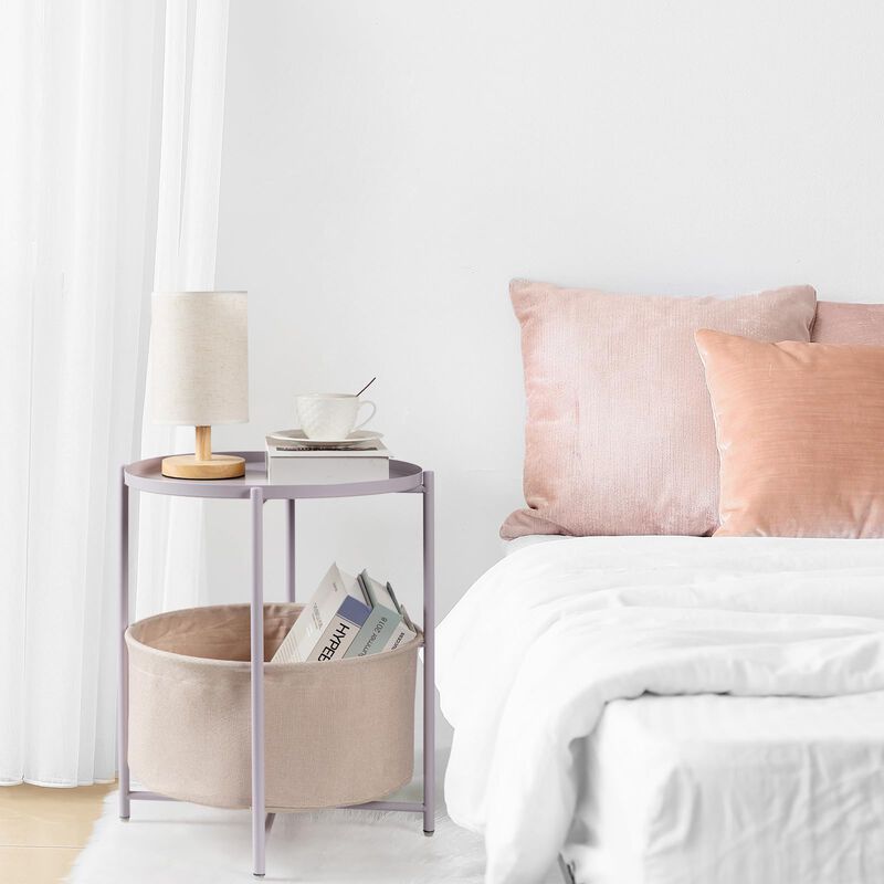 danpinera Round Side Table with Fabric Storage Basket, Metal Side Table Small Bedside Nightstand with Removable Tray Top for Liv