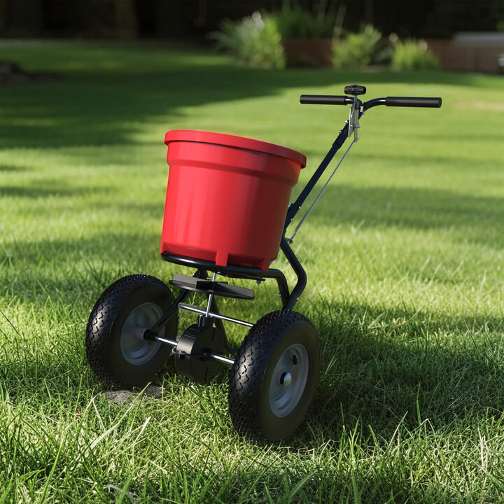 FUFU&GAGA 50lb Walk-Behind Spreader &ndash; Durable Red Frame, Adjustable Feed Control, Rubber Pneumatic Tires, (21.6" L x 12.4" W x 32.7" H), Red