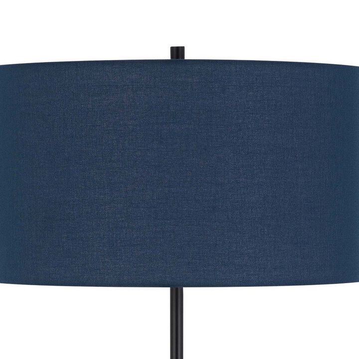 Sie 59 Inch Floor Lamp, Navy Blue Linen Shade, Round Base, Black Metal Pole - Benzara
