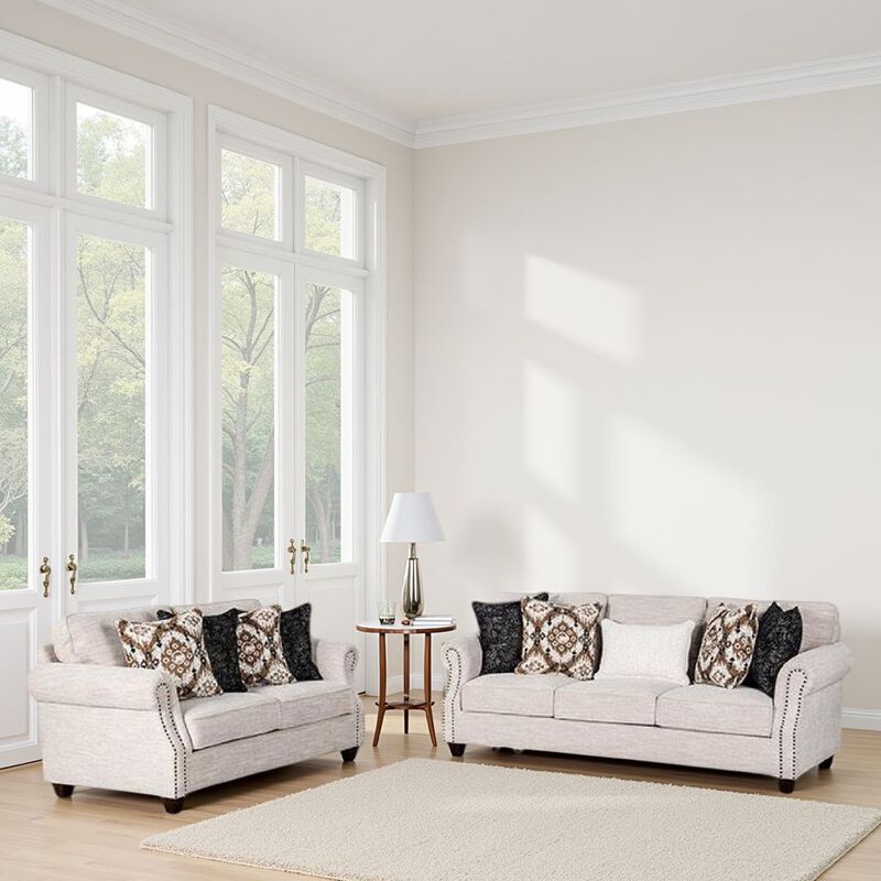 Serra 2pc Sofa and Loveseat Set, 9 Accent Pillows, Greige Polyester - Benzara