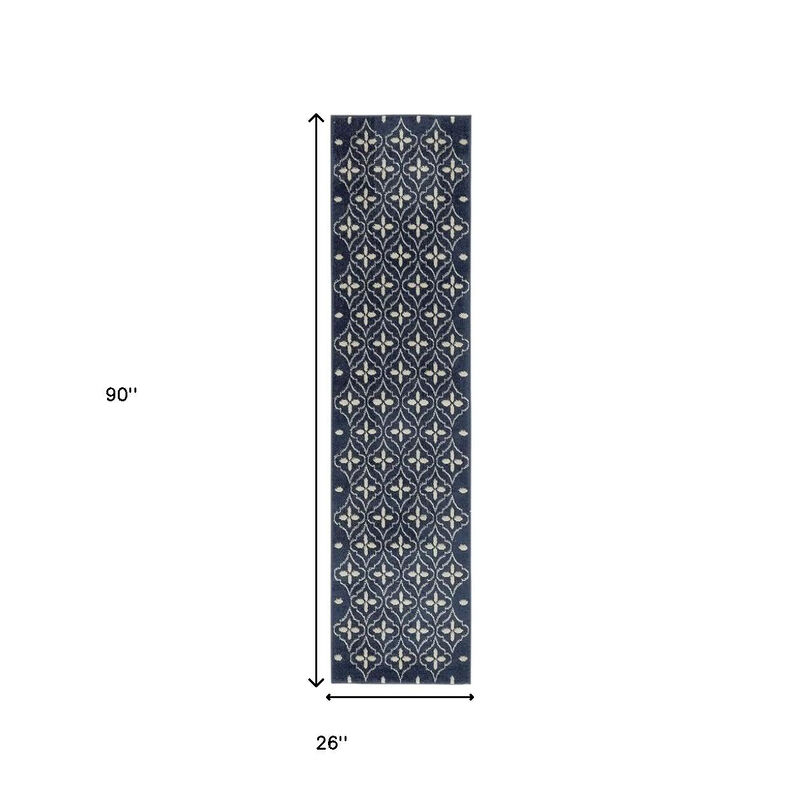 HomeRoots 8' Ivory And Navy Blue Geometric Indoor Outdoor Runner Rug image number 5