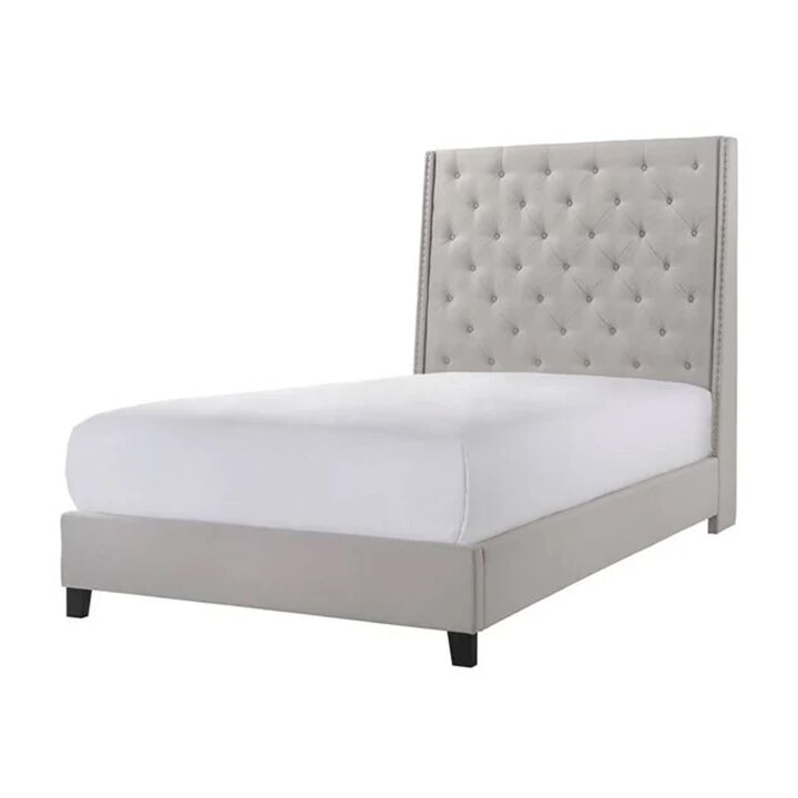 Benjara Maze King Size Bed, Button Tufted, Nailhead, Beige Faux Leather Upholstery
