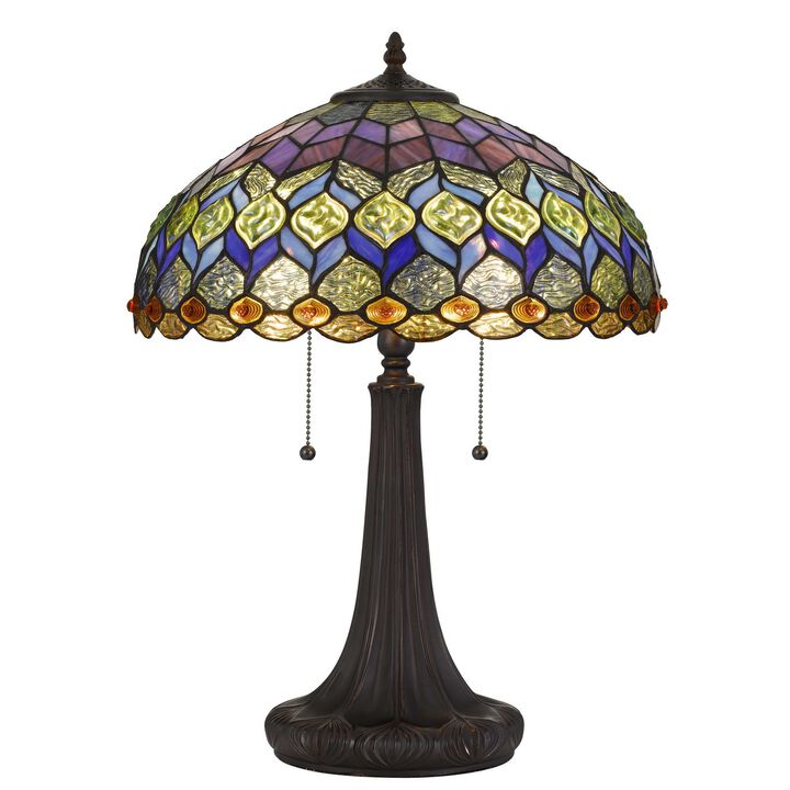 120 Watt Tiffany Table Lamp with Engraved Base, Multicolor-Benzara