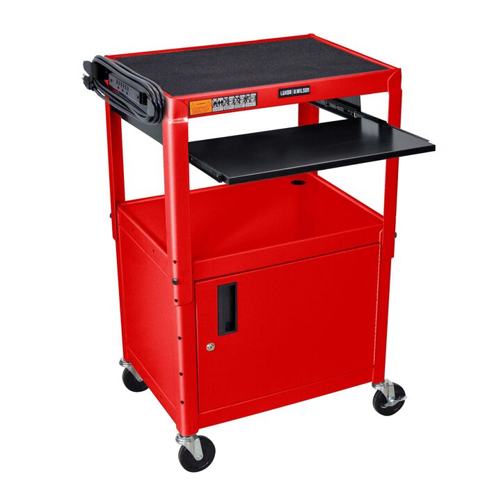 Ergode Adjustable Height Steel A/V Cart with Pullout Keyboard Tray and Cabinet - Red