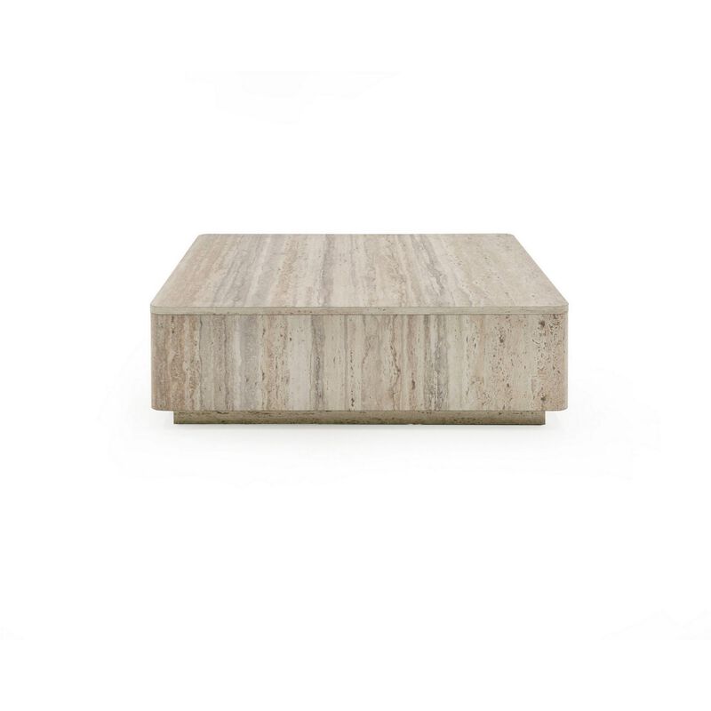 Lia 39 Inch Coffee Table, Square Travertine Stone Finish Laminated Top