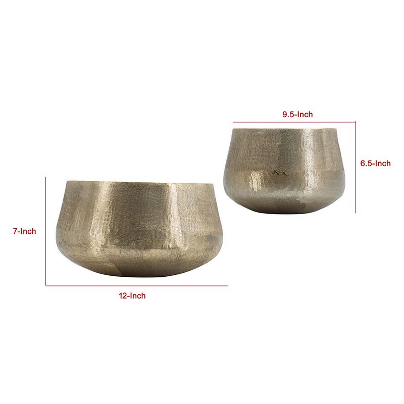Set of 2 Metal Bowls, Seude Gold Finish, Curved Shape, Streaked Texture - Benzara