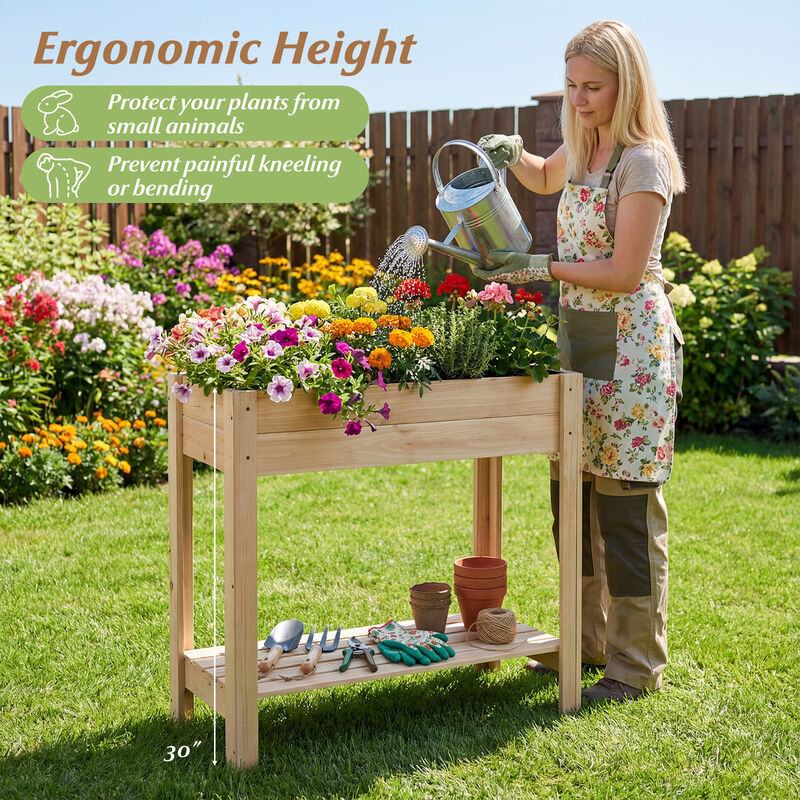 Wooden Elevated Garden Bed with Legs and Convenient Storage Shelf-Natural image number 6
