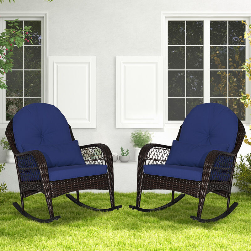 Patio Rattan Rocking Chair with Seat Back Cushions and Waist Pillow image number 2