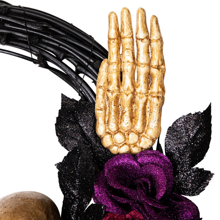 Skull with Hands and Purple Roses Halloween Twig Wreath  22-Inch  Unlit