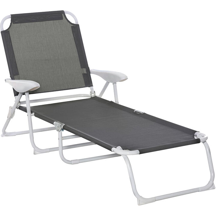 Outsunny Folding Chaise Lounge, Outdoor Sun Tanning Chair, 4-Position Reclining Back, Armrests, Metal Frame and Mesh Fabric for Beach, Yard, Patio, Dark Gray