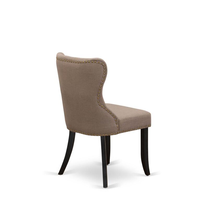 East West Furniture - Set of 2 - Dining Room Chair- Upholstered Dining Chairs Includes Wirebrushed Black Wooden Frame with Coffee Linen Fabric Seat with Nail Head and Button Tufted Back