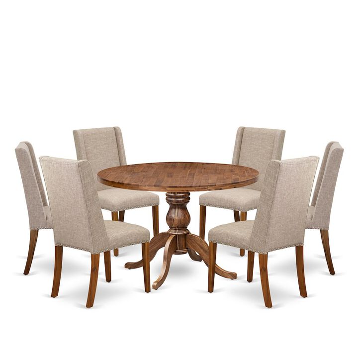 7-Piece Dining Table Set A Kitchen Table, 6 Light Tan Fabric Dining Room Chairs