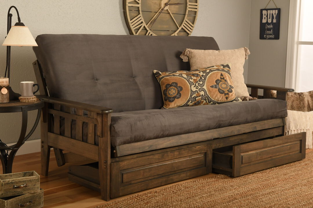Tucson Futon in Rustic Walnut Finish with Storage Drawers and Suede Gray Mattress