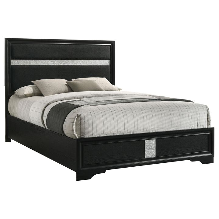 Vino Queen Size Bed, Panel Headboard, Black Upholstery, Glitter Stripe - Benzara