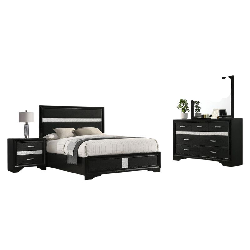 Vino 4pc Full Bedroom Set, Black Upholstery, Glitter Striped Dresser image number 0