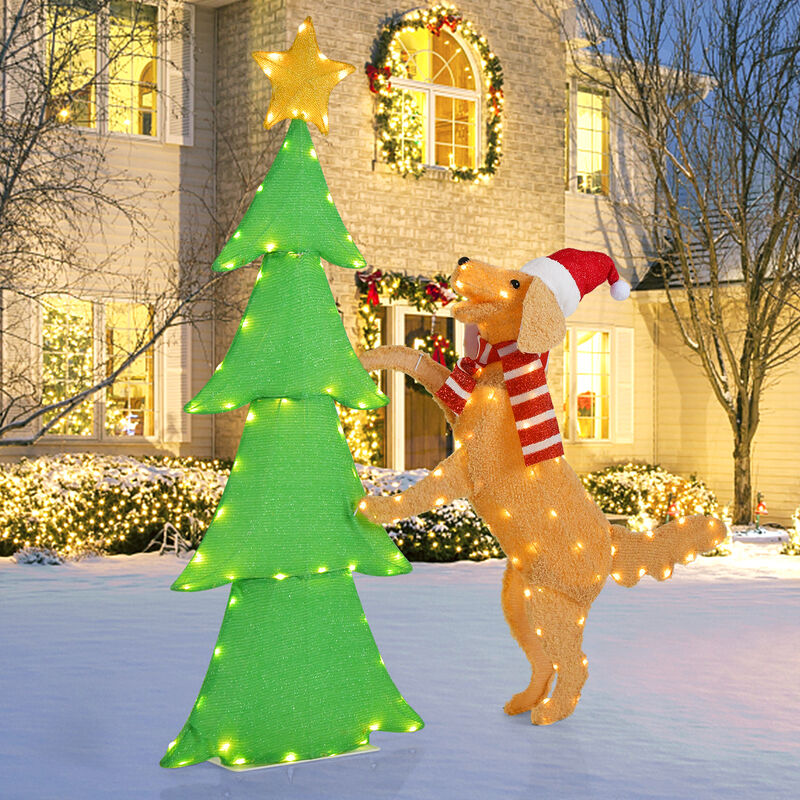 4FT Lighted Tinsel Xmas Tree with Plush Goldendoodle Dog