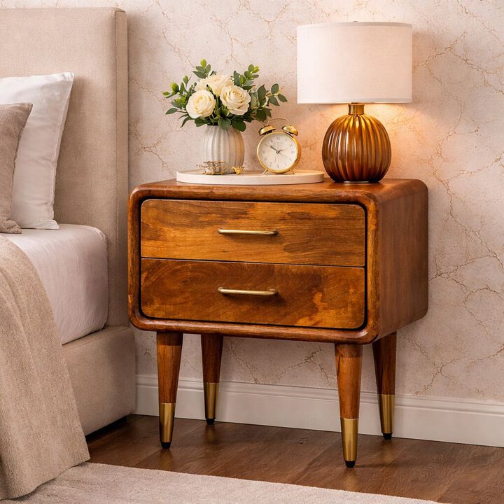 Artisan Furniture Solid Wood Amber Oak Bedside Table, 2 Drawers, Brown