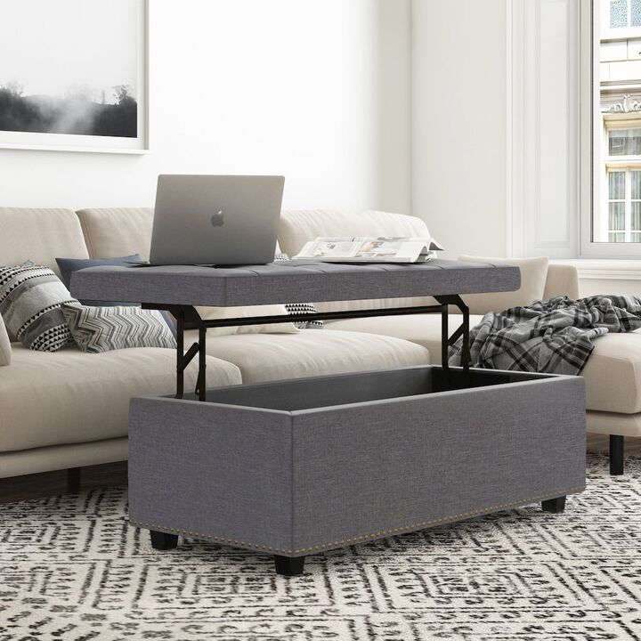 Simpli Home Hamilton Lift Top Rectangular Storage Ottoman In Slate Grey Linen Look Fabric