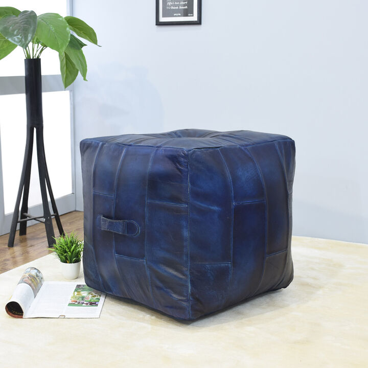 Geometric Handmade Leather Square Pouf 18"x18"x18" (Recycled Foam with Fibre Fill) Vintage Blue Color MABBBACPF25 BBH Homes