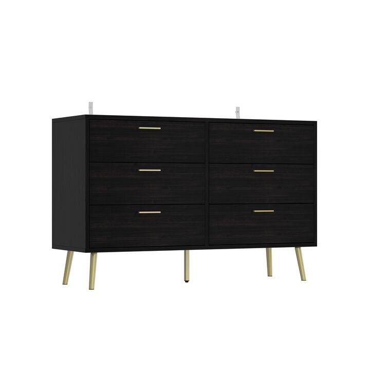 47.2&rdquo; 6 Drawer Dresser, Modern 6-Drawer Chest with Gold Metal Handles, Bedroom Dresser with Gold Metal Legs, for Living Room Entryway (47.2&rdquo;W x 15.7&rdquo;D x 30.1&rdquo;H)