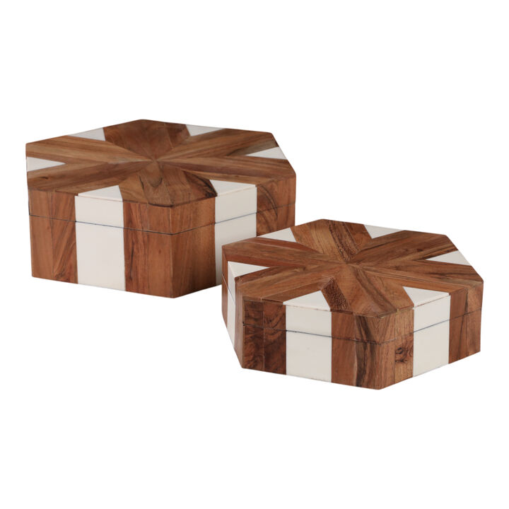 S/2 Wood Inlay Hexagon Boxes