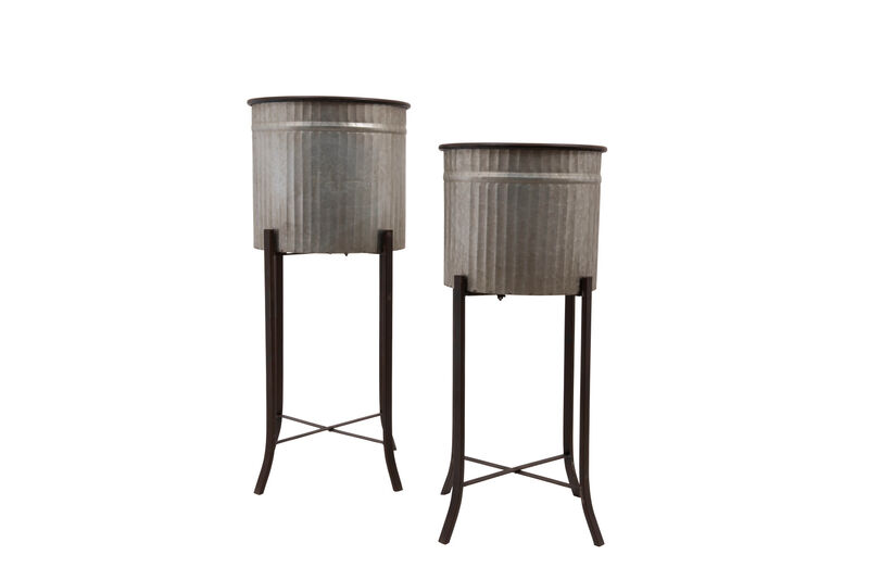2‑Piece Round Corrugated Metal Planters on Stands, Silver and Black image number 5