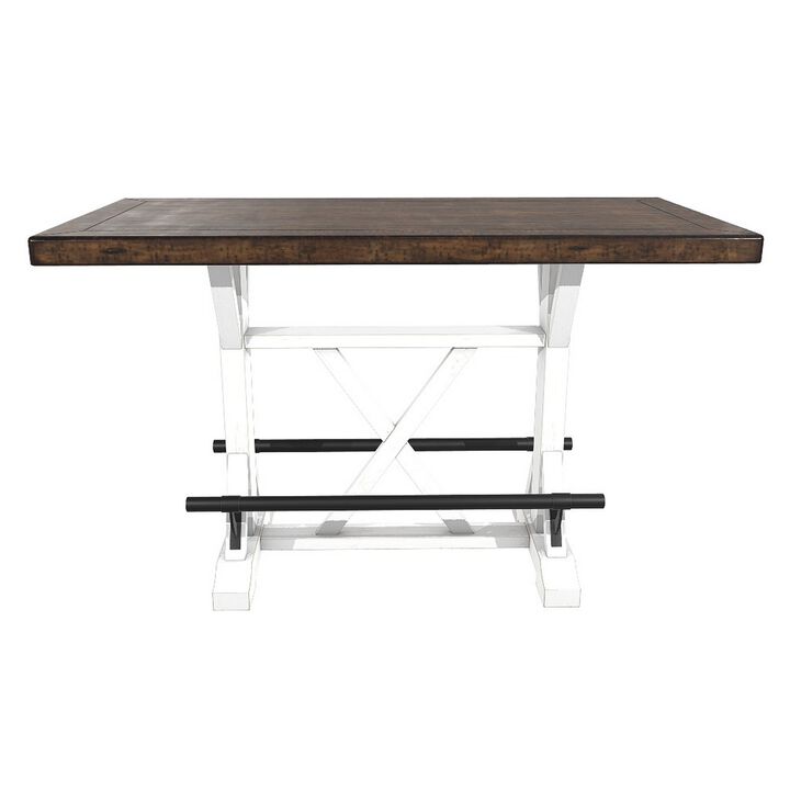Becy Counter Height Dining Table, 60 Inch, White and Brown Pine Wood