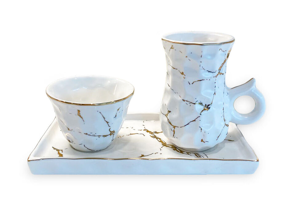 White Porcelain Tea Set Textured with Gold Speckles