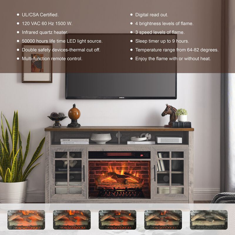 MONDAWE 55 Inch TV Media Stand with Electric Fireplace KD Inserts Heater,Gray Wash Color