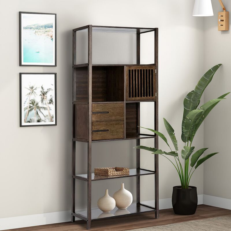 Axa 68 Inch Bamboo Shelf Bookcase with Cabinet, Right Facing, Dark Brown - Benzara