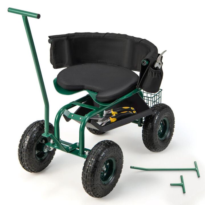 Hivvago Rolling Garden Cart with Height Adjustable Swivel Seat and Storage Basket