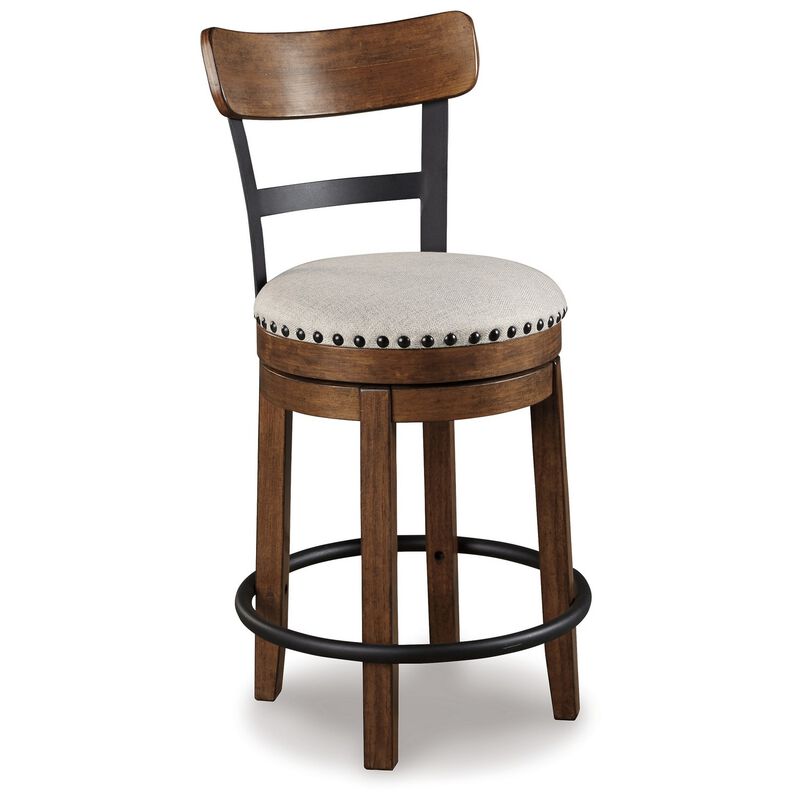 Zane 25 Inch Swivel Counter Height Stool, Round Cushioned Seat, Brown Wood - Benzara