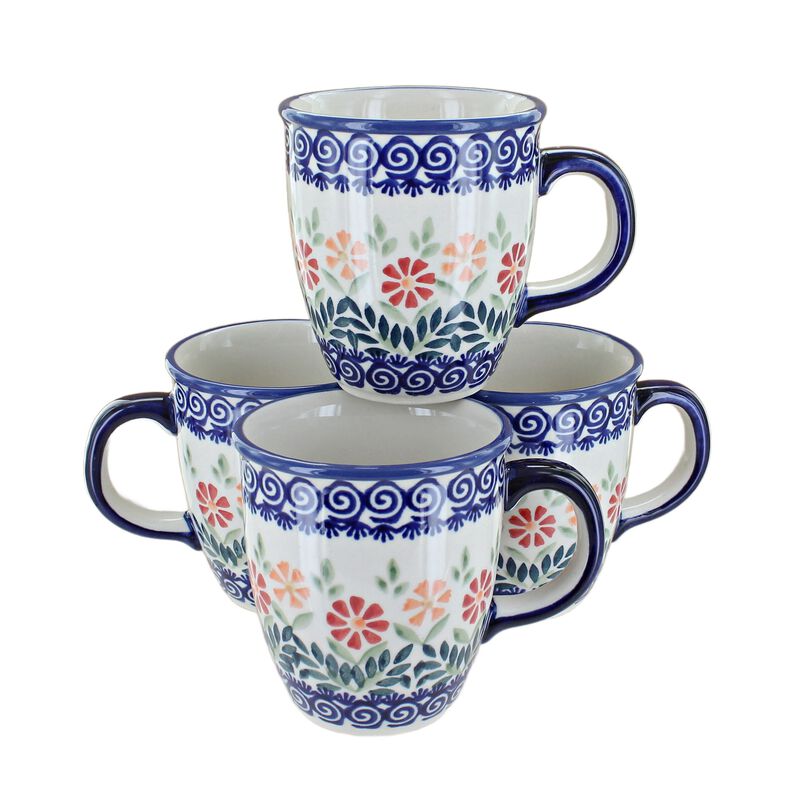 Blue Rose Polish Pottery Green Daisy 4 Piece Mug Set