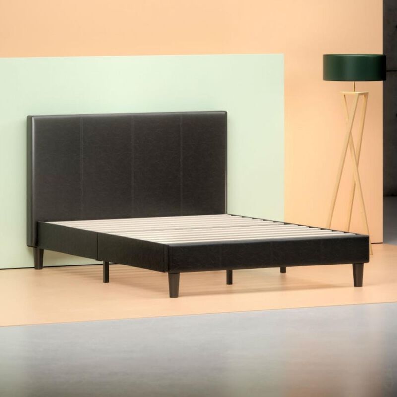 Hivvago Queen Espresso Faux Leather Platform Bed Frame with Headboard