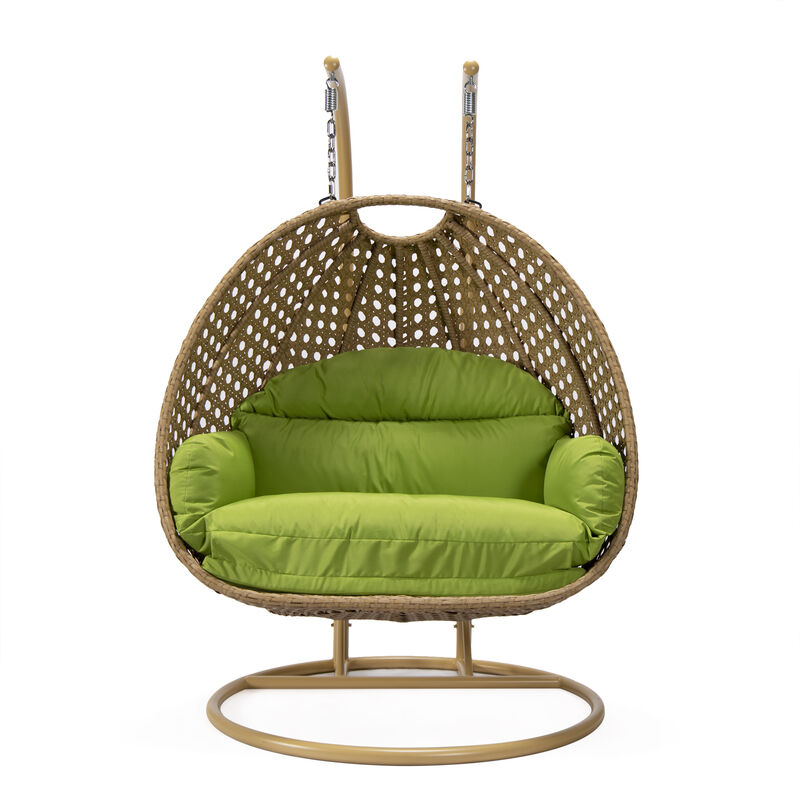 LeisureMod Mendoza Light Brown Wicker Hanging 2 person Egg Swing Chair Removable Cushion With Iron Base
