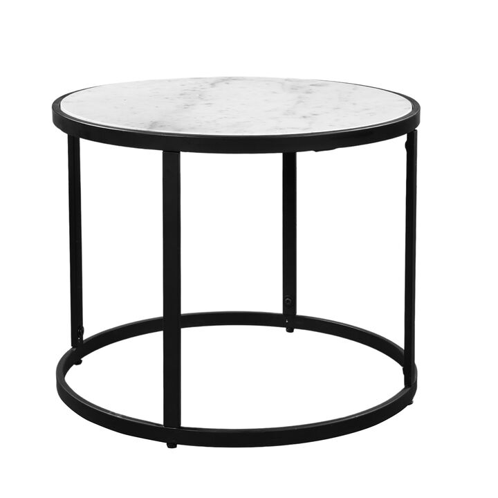 23 Inch Side End Table, Modern Round White Natural Marble Top, Classic Black Iron Frame - Benzara