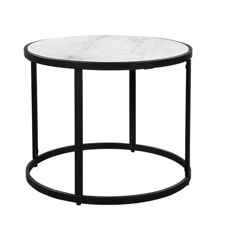 23 Inch Side End Table, Modern Round White Natural Marble Top, Classic Black Iron Frame