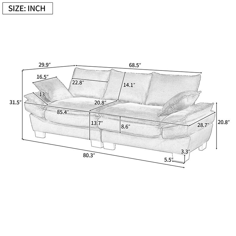 Clihome 85.4" Modern Curved Corduroy Fabric Couch Sofa,Back Upholstered Couch with 2 Decorative Throw Pillows image number 6