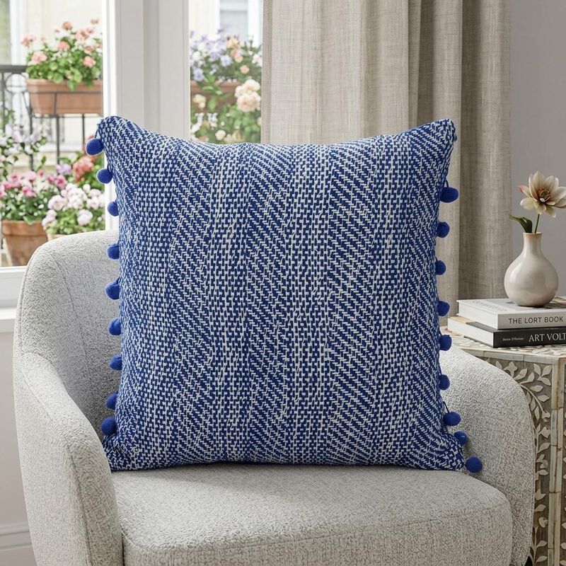 HomeRoots 18" Blue and White Weave Cotton Throw Pillow With Pom Poms image number 1