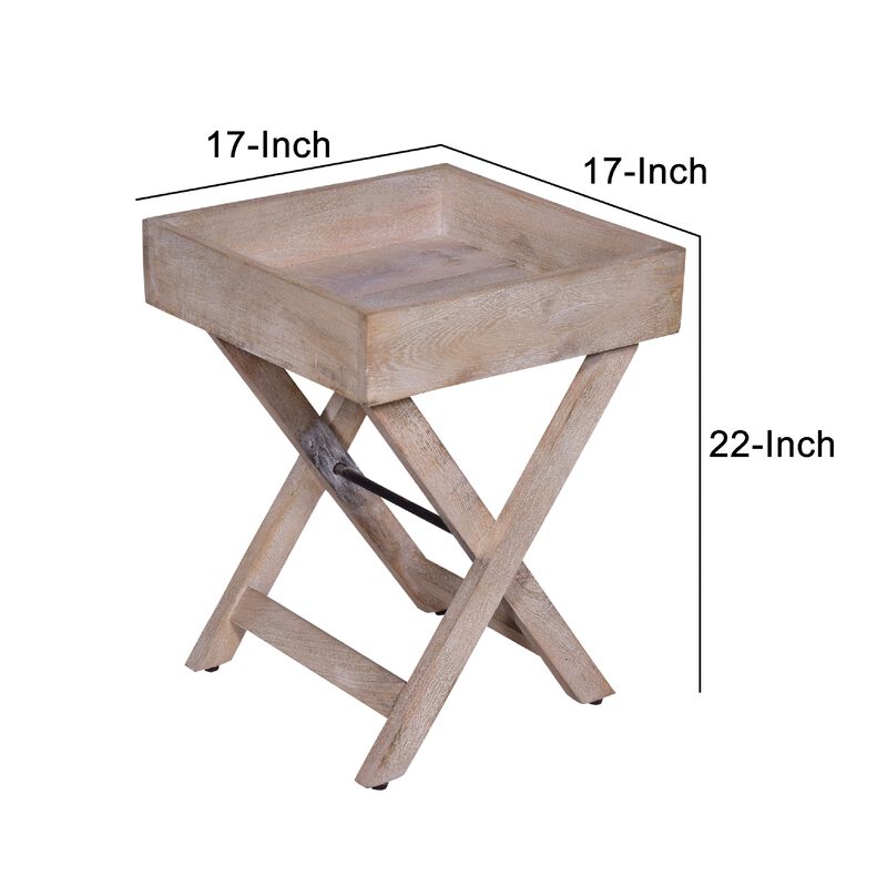 22 Inch Farmhouse Square Tray Top End Table, Mango Wood, X Shape Foldable Frame, Washed White-Benzara