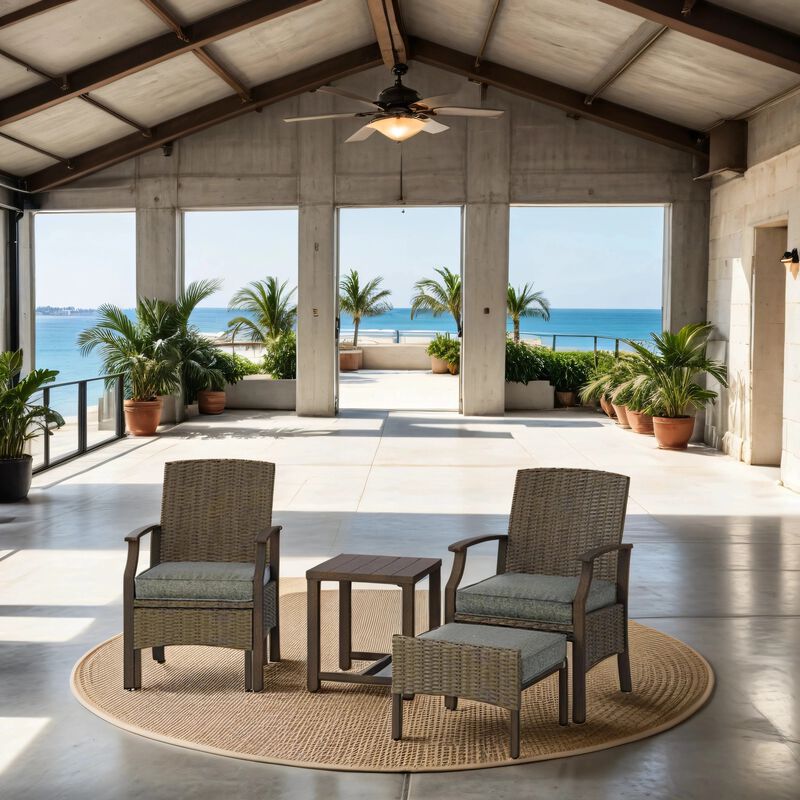 MONDAWE Wicker Formal Dinning Chair and Foot Rest Side Table Set With Soft Cushions In Metal Frame (Set of 5)