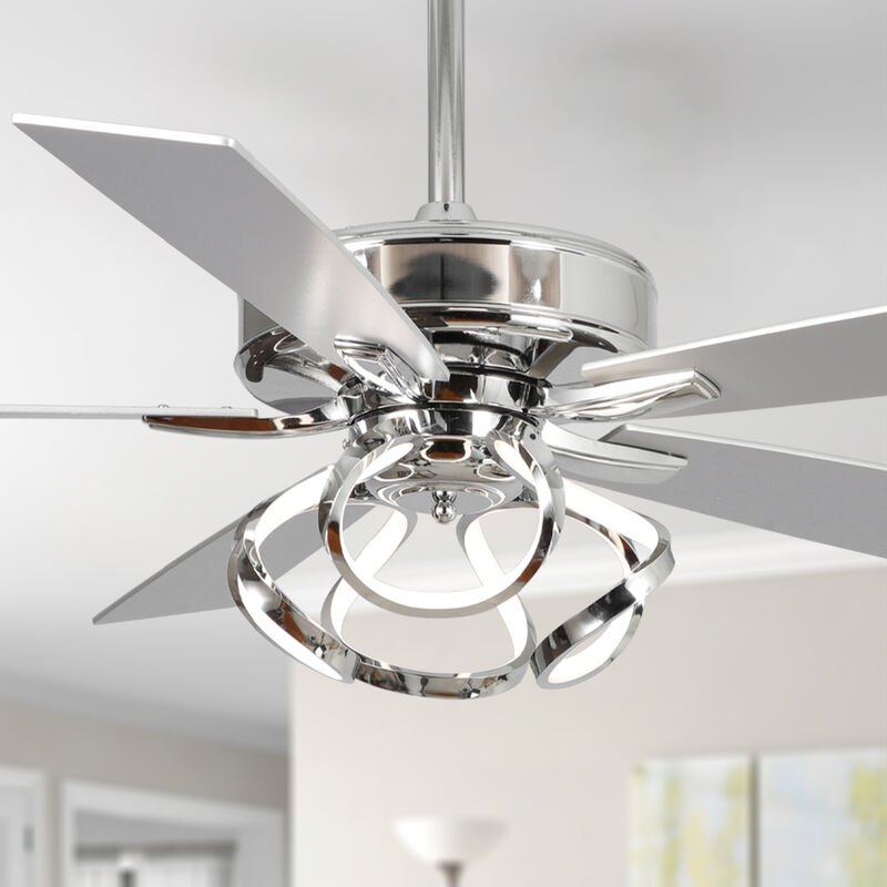 52" Modern Integrated LED Chrome Reversible Blades Ceiling Fan with Light and Remote image number 1