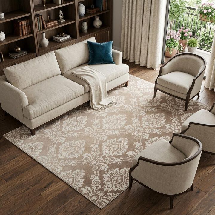 HomeRoots Damask Distressed Non Skid Area Rug