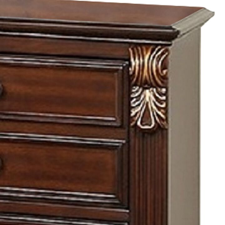 Miri 25 Inch 3 Drawer Nightstand, Brass Carved Accents, Cherry Oak Brown-Benzara
