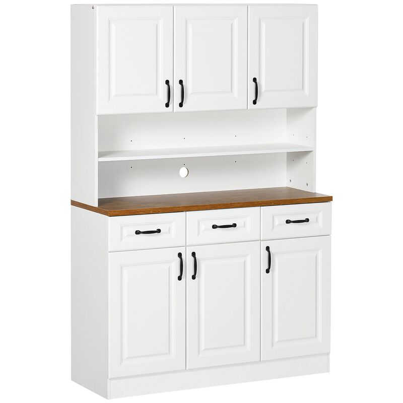71" Kitchen Pantry, Freestanding Buffet with Hutch, Farmhouse Storage Cabinet, Microwave Cabinet with 3 Drawers, 6 Doors, 2-Tier Countertop and Adjustable Shelves, White