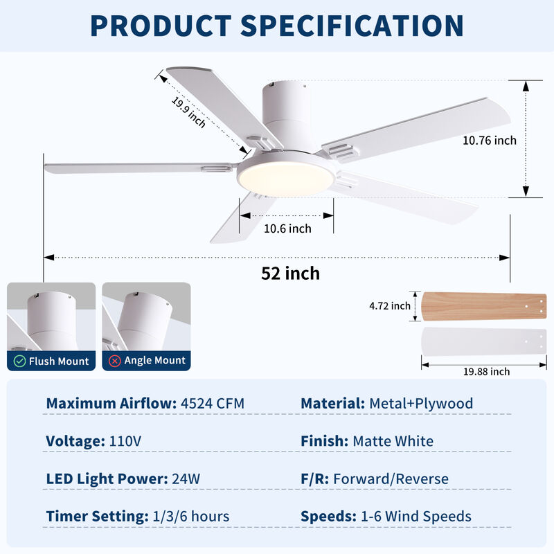 ELEMENT ACE Modern Minimalist Ceiling Fan with LED Light Kit and Remote Control for Energy Efficient Home Cooling image number 2