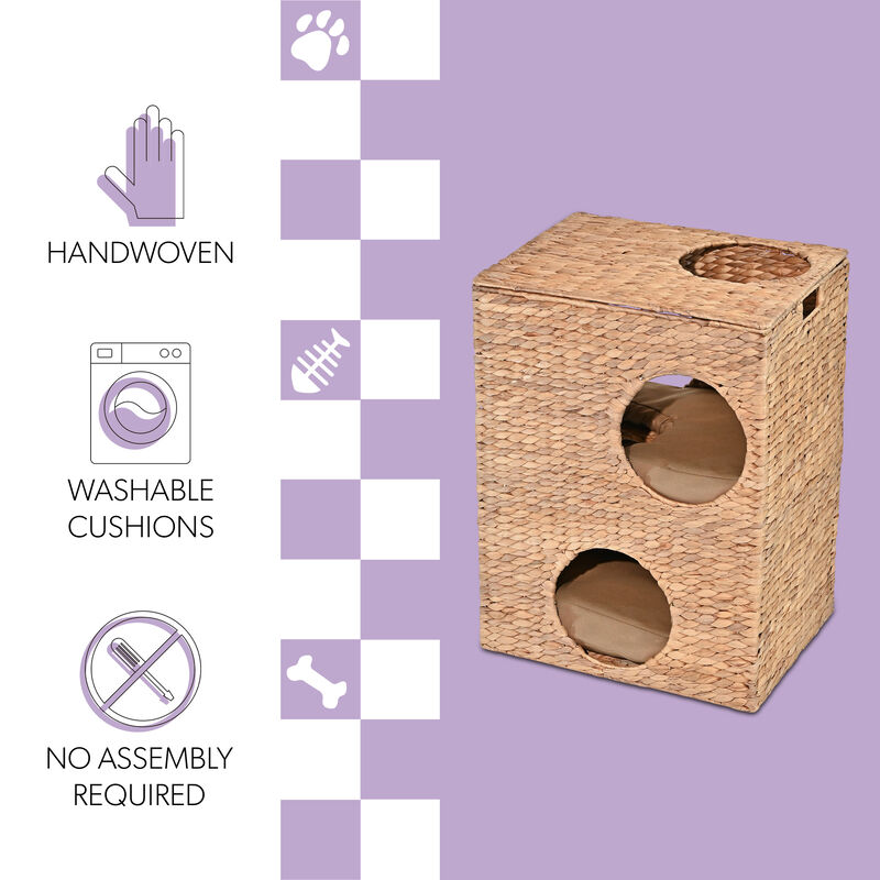 Jaxon Modern Classic 2-Tier Handwoven Hyacinth Rectangular 5-Hole Cat Condo with 2 Machine-Washable Cushions image number 2